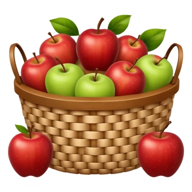 woven basket with apples and white checkered cloth, brown sticker