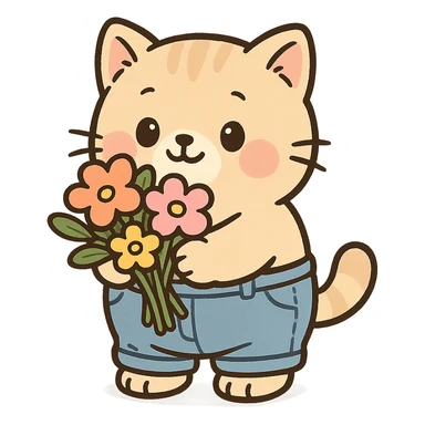 a chubby kitten wearing tiny pants and holding a bouquet of flowers, in a cute cartoon style sticker