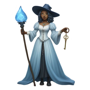 blue witch woman login holding a big key in white victorian dress, full body sticker