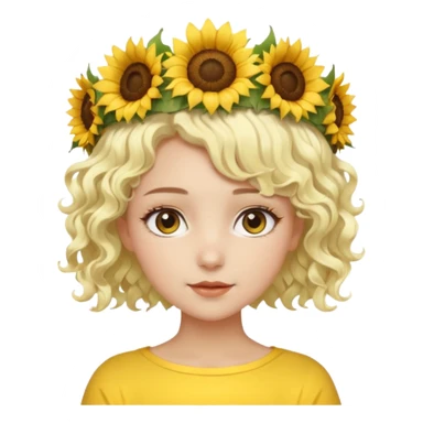 ["Fair skin female, short platinum-blonde curly hair, wearing a yellow sunflower crown."] sticker