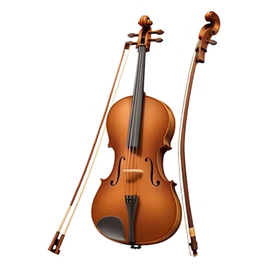 Create an elegant and refined emoji representing a Cremona 4/3F 4/4 cello with bow. The design should feature the distinctive, finely crafted body of the cello, highlighting its rich wooden finish and gracefully curved shape. The bow should be included, with visible horsehair and a polished wooden stick. Add subtle details like tuning pegs and strings to emphasize the precision and craftsmanship of the instrument. Use warm wood tones, deep brown, and soft metallic accents to reflect the high quality of the Cremona cello. The background should be transparent. sticker