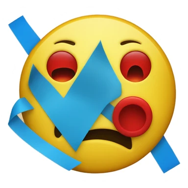 an upside down yellow smiley face with a red outline and a blue smile, the eyes are covered with blue tape sticker