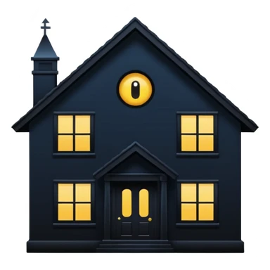 Minimalist emoji-style sticker of a house silhouette at night with a single lit window, and an eye visible inside. Flat, dark, quiet style.
 sticker