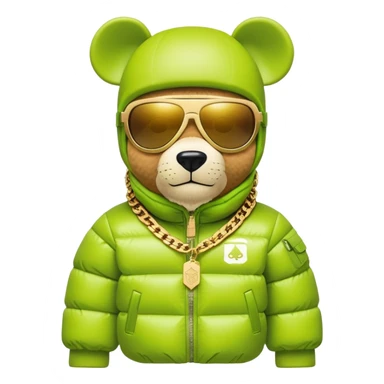 geometric bearbrick wearing lime balaclava with brand logos, continuous horizontal visor sunglasses as one piece across entire face, no eye division, luxury puffy down jacket with fur collar, heavy gold chains sticker