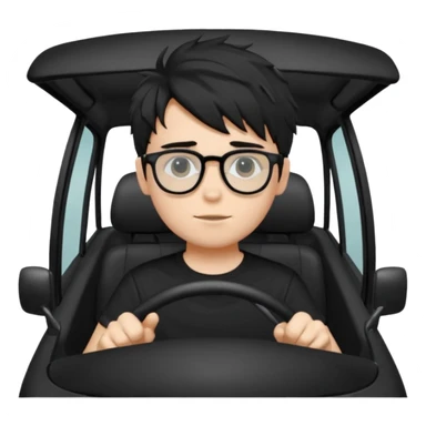 generate a pretty bratz fair skinned boy with black messy hair wearing a black tshirt driving. Glasses on.  sticker