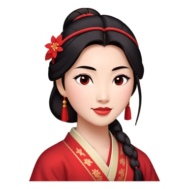 Cinematic Radiant Mulan Portrait Emoji, rendered in a realistic, vector-style with clean proportions. Show Mulan with a soft, confident smile, warm skin, and expressive eyes, her dark hair styled simply, and dressed in traditional clothing with understated red accents. The image radiates a gentle, luminous glow and high shine, accentuated by a soft glowing outline. sticker