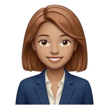 emoji of a woman named Freya McOmish, smiling, light brown hair, subtle freckles, modern casual style, wearing an elegant blazer sticker