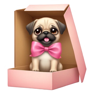 Baby pug with big pink
eyes wearing a pink bow above 1 ear sitting in a gift box  laughing  sticker