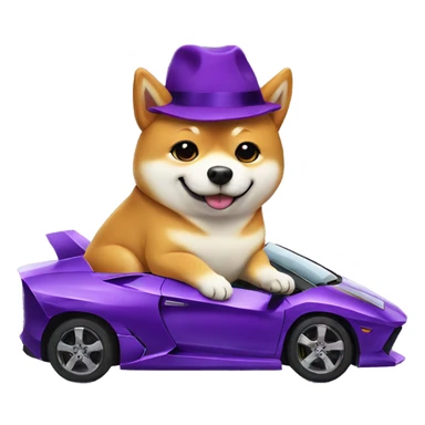 shiba inu with purple hat, sitting on top of a purple Lamborghini  sticker