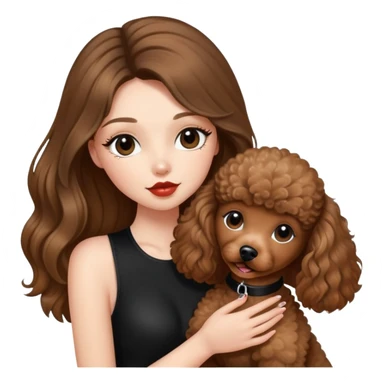 girl with long balayage hair and long lashes, wearing black halterneck top, and holding and kissing a brown poodle sticker