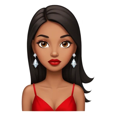 light brown skin tone, very beautiful woman, with big plump lips, long long lashes, black straight long hair, brown eyes, red dress, diamond stud earrings sticker