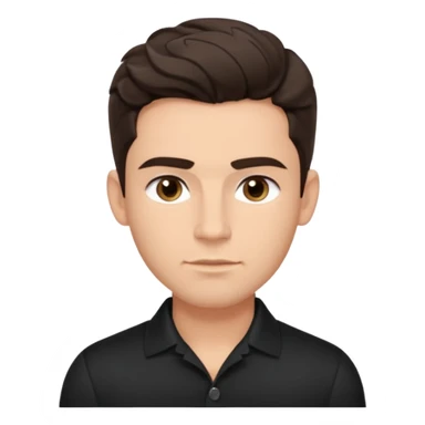 He’s a man with light to medium skin, a defined oval face, full brows, deep-set eyes, and wavy short dark brown tall hair styled with height, sides are trimmed. muscular. expression calm and focused relaxed black black button shirt open collar. polished, articulate, and coach vibe. tall hair tall  sticker