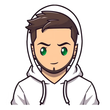 anime style male character with green eyes, dark brown undercut hairstyle, short beard, wearing white hoodie sticker