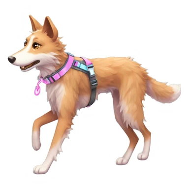  brindle fluffy lurcher fox blue eyes pink nose fluffy ears and holographic harness running sticker