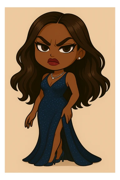 Change the expression to angry for a 20-year-old anime Bratz style woman with dark skin, dark hair, glamorous evening wear, big expressive eyes, and glossy lips. Maintain the anime Bratz style and the described features. sticker