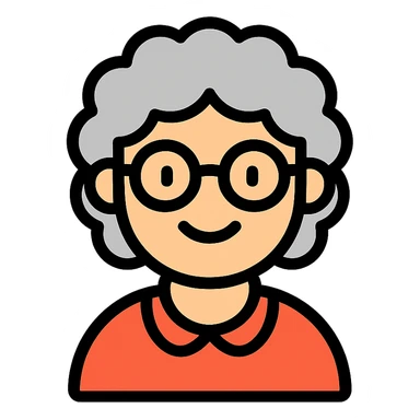 color outline icon of a smiling elderly Caucasian woman, grey curly hair, glasses sticker