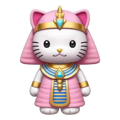 a Hello Kitty–style plush dressed as an Egyptian pharaoh, held by a hand, with a pyramid in the desert background, clear blue sky, natural light, shallow depth of field. sticker