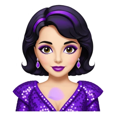 Elizabeth Taylor with black hair, purple sequin outfit sticker