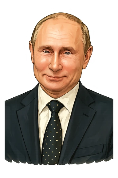 Владимир Путин в слегка рисованном, но при это объемный стиле, слегка улыбается, прозрачный фон sticker