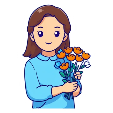 brunette girl with brown hair wearing pastel blue clothes holding flowers sticker