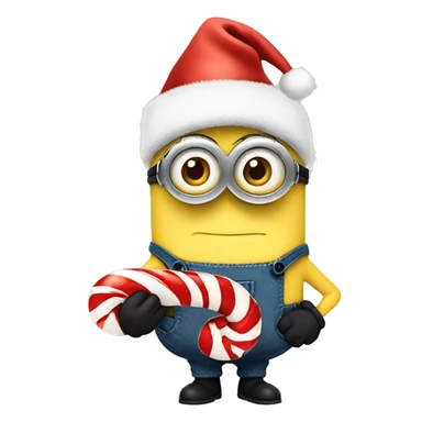 A minion hold a candy cane and Has a christmas mütze sticker