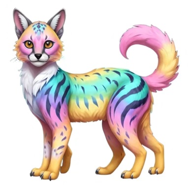 Realistic Colorful pale nebula gradients-colored randomly-colored fruity glorious exotic neon vibrant zigzagged fantasy-caracal-civet-genet-sergal-vernid-Gryphon-Cacomistle-Trico-oncilla-animal-Fakémon-hybrid-fursona (full body), facial markings, (realism style) sticker