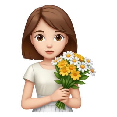 girl with brown hair wearing a white skirt holding a bouquet of flowers sticker
