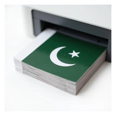 realistic thumbnail for a passport size photo print out service for Pakistan, close-up of a modern printer and a stack of printed passport size photos, with a green accent or Pakistani flag, on a white background sticker