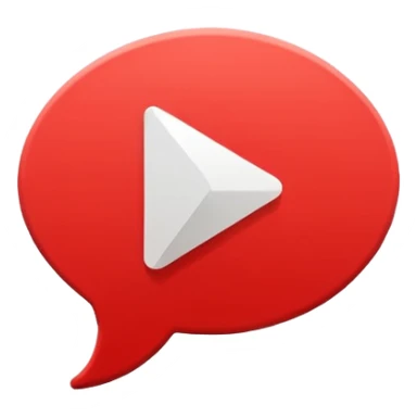 Minimal design featuring a red speech bubble that contains a white play button. On a white background, no text. Suggests intelligent conversation about video content. Clean, modern and tech-oriented sticker