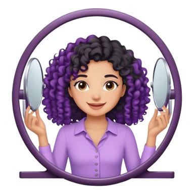 Um menina de cabelo cacheado preto com uma blusa lilás sorrindo se arrumando no espelho  sticker