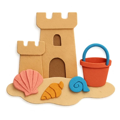sand castle with seashells and a small bucket, bright colors, paper-craft style sticker