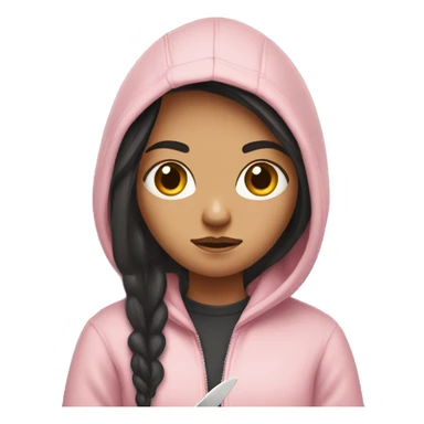 Girl with long dark hair in a light pink hoodie with a serious face holding a butter knife sticker