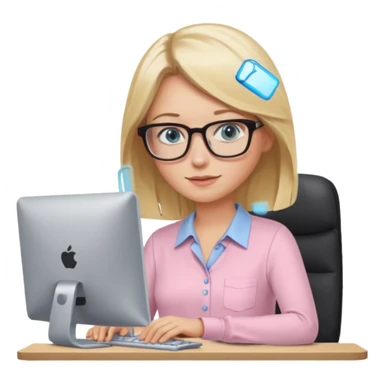 redattrice editoriale. Bionda, capelli lisci biondo scuro, lunghezza media. Occhi azzurri/blu con occhiali. è al pc a lavorare. Indossa una camicetta rosa chiaro sticker