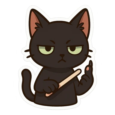 A black cat with an impatient expression, holding up its pinky finger and sharpening its claws with a nail knife sticker