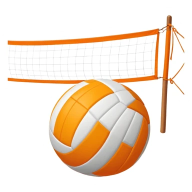 The scene captures a sunny sea beach atmosphere with clear blue sea and sky, palm trees swaying, and people in swimsuits enjoying the vibrant surroundings. A volleyball resting on the orange sand ground of a beach, with a volleyball net in the background.  sticker
