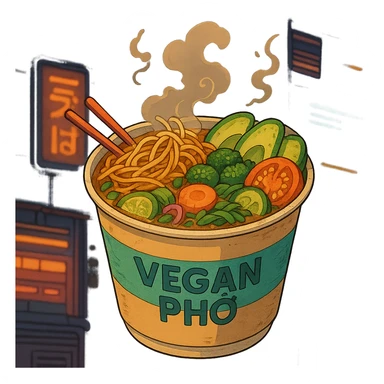 cyberpunk futuristic, scifi, a bowl of delicious VEGAN pho, ramen, 1990s, paper cup sticker