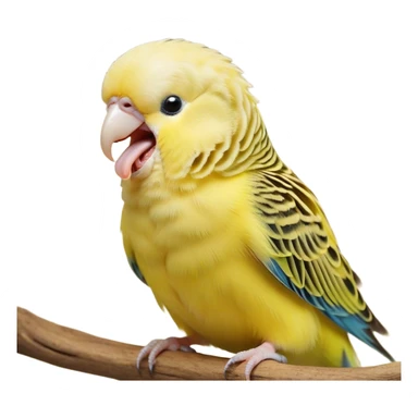 Cinematic Cute Yawning Yellow Budgie Portrait Emoji, Head tilted slightly with a dramatic, wide-open yawn, showcasing a soft, downy yellow feathered fur with gently drooping wings, round dark eyes barely open in drowsy contentment, Simplified yet irresistibly adorable features, highly detailed, glowing with a soft, cozy glow, high shine, relaxed yet expressive, stylized with a touch of whimsy, bright and endearing, soft glowing outline, capturing the essence of a sleepy yet affectionate budgie, so drowsy it feels like it could stretch out of the screen and curl up for a nap! sticker