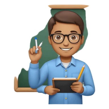 "Create a cute and detailed emoji of a male teacher writing on a chalkboard. The teacher is smiling, wearing glasses, and dressed in a casual shirt and pants. He is holding a piece of chalk and writing something on the blackboard. The style should be colorful, friendly, and cartoon-like, with simple and clear lines."
 sticker