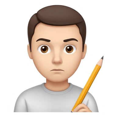A head with a raised eyebrow, symbolizing doubt or evaluation, holding a pencil in hand. The expression represents assessment, attention to detail, and giving an opinion. Minimalist, modern design with a focus on the facial expression and pencil sticker