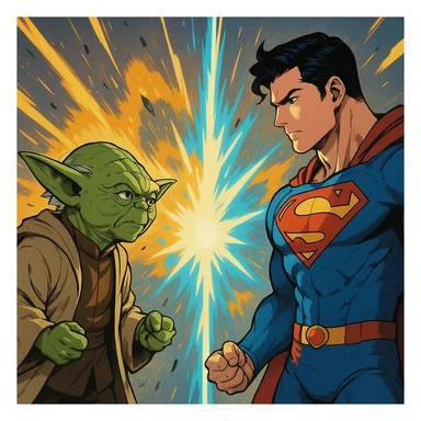 Anime Yoda and Superman facing each other with energy explosion effect, simple background sticker