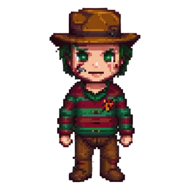 Freddy Krueger in pixel art style, chibi proportions, bright colors sticker