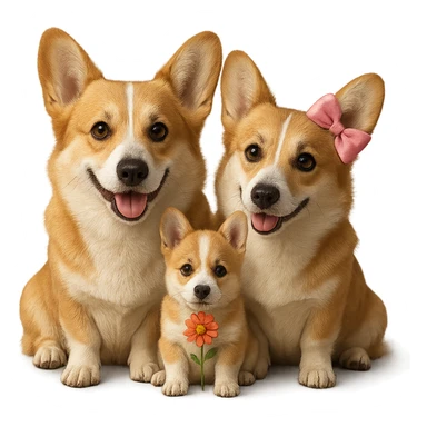 Make the corgi family a little bit more realistic while keeping the style cute. Set the background to transparent. The original style is a cute illustration style, please maintain that look while enhancing realism. sticker