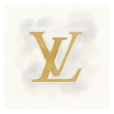 Louis Vuitton LV monogram, metallic gold, pearl border, elegant, watercolor art style sticker