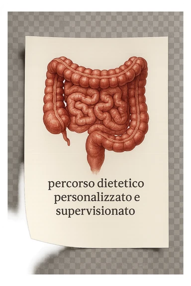 foglio di carta con intestino disegnato sopra e la scritta "percorso dietetico personalizzato e supervisionato", iperrealistico 4k sticker