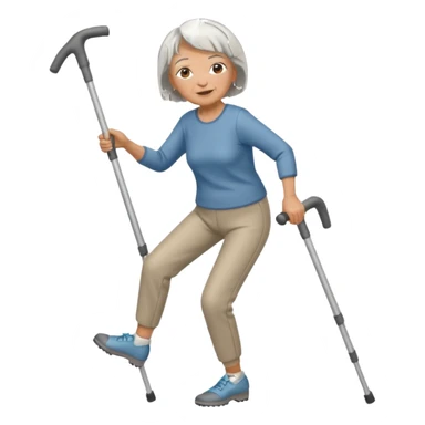old woman with short hair, dressed with pants,  dancing with crutches sticker