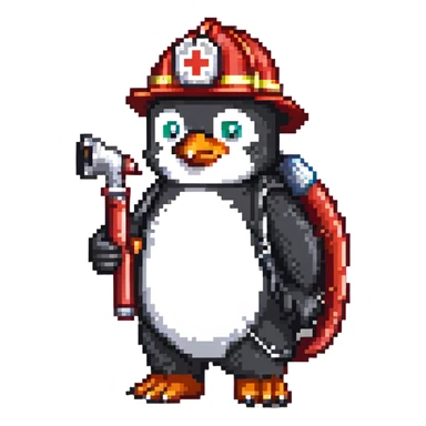 penguin firefighter with helmet and fire hose sticker