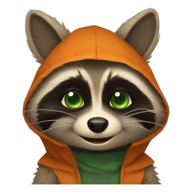 brown raccoon with orange eyes and a dark green hood that smile sticker