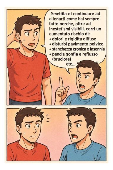 TRASFORMA QUESTO CAROSELLO IN UN FUMETTO STILE MANGA A COLORI CON QUESTE DUE PERSONE IDENTICHE CHE INTERLOQUISCONO TRA LORO:

LUI (UOMO): Smettila di continuare ad allenarti come hai sempre fatto perché, oltre ad inestetismi visibili, corri un aumentato rischio di:
    • dolori e rigidità diffuse
    • disturbi pavimento pelvico
    • stanchezza cronica o insonnia
    • pancia gonfia e reflusso (bruciore)
    • etc… sticker