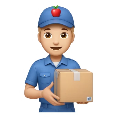 3D Apple-style emoji of a delivery worker holding a cardboard package. Wearing a cap and uniform shirt, smiling expression. Rounded, glossy, smooth, soft shadows, white background.




 sticker