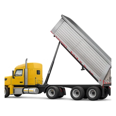 photorealistic yellow semi sleeper truck with a long silver end dump trailer, trailer raised in dumping position, side view, sharp details sticker